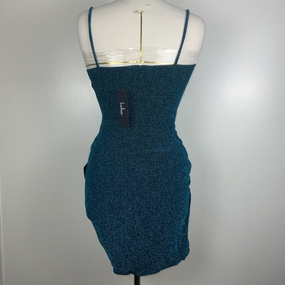 Lulus NWT Blue Metallic Asymmetrical Stretchy Bodycon Party Mini Dress - Size M - Picture 4 of 9